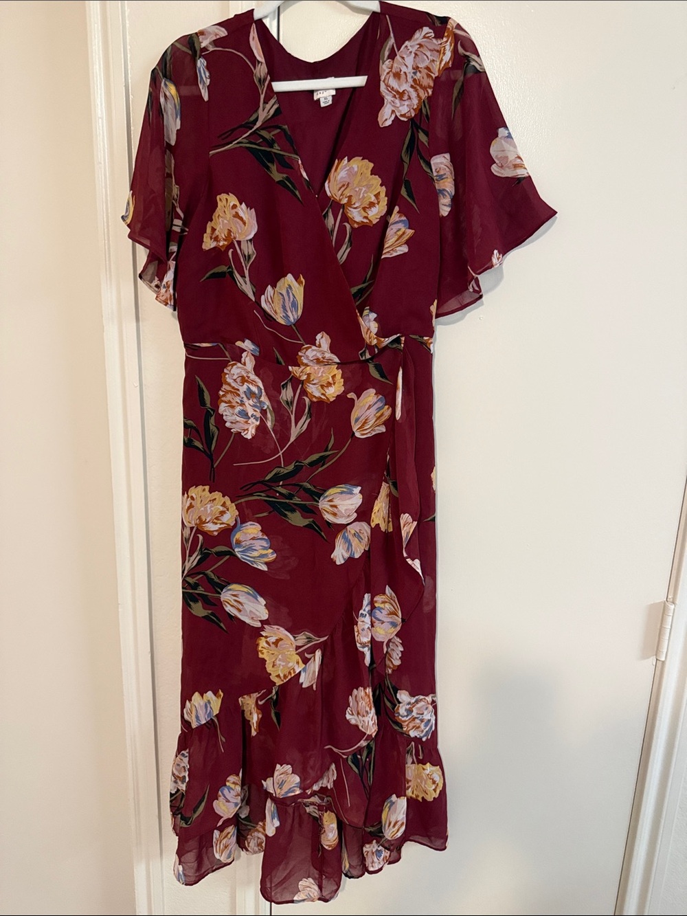 a new day Burgundy Floral Wrap Midi Dress